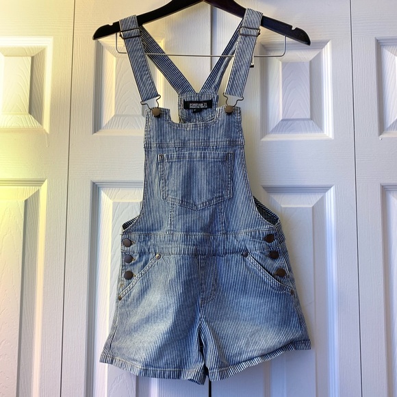 Forever 21 striped denim short overalls XS LN - Picture 1 of 5